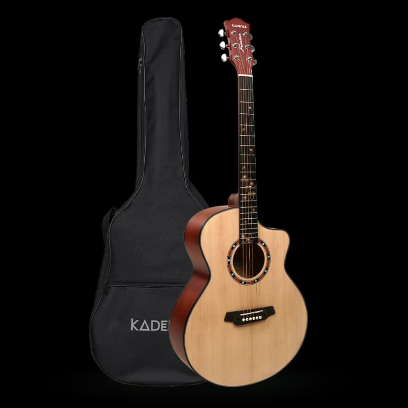 Kadence 40" Acoustic Guitar FR77 Spruce Wood with Rosewood Freatboard, Spcially Designed Fret Inlays, Rosette, Learning Course and Bag (Black)