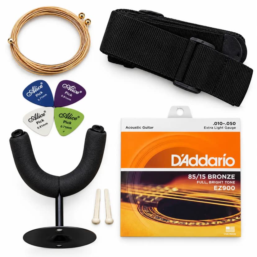 D’Addario EZ900 .010–.050 Extra Light Acoustic Guitar Strings Complete Guitar Accessory Kit Picks, Strap, Stand & Bridge Pins