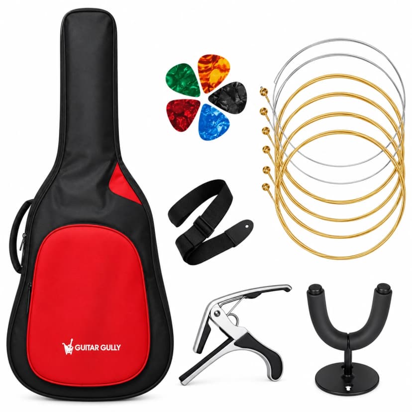 Guitar Gully Guitar Accessories Combo Kit with Padded Guitar Bag, Strings, Picks, Strap, Capo & Wall Stand