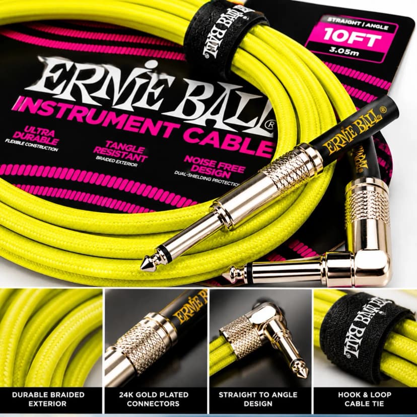 Ernie Ball Neon Yellow Braided Instrument Cable – 10ft Straight to Right Angle | Noise-Free Guitar Cable for Electric Guitar, Bass & Keyboard