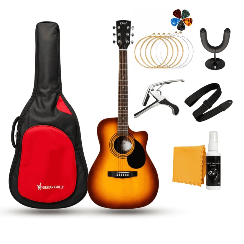 Cort AF500C SSB Acoustic Guitar With Strap, Pading Bag, Picks , Capo, Metal Wall Stand & String set / Bundle